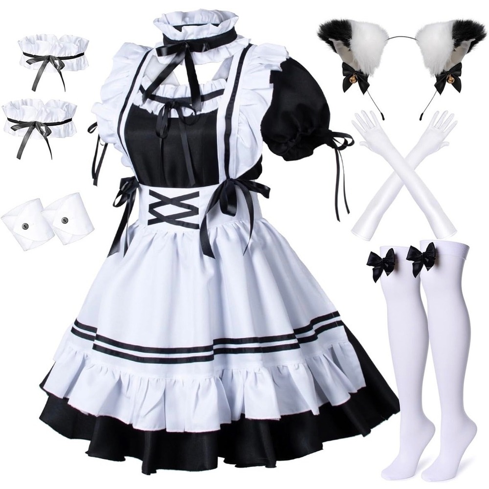 French Maid Halloween Costume Women Large Ruffled Apron Cat Ears Cosplay Set B4